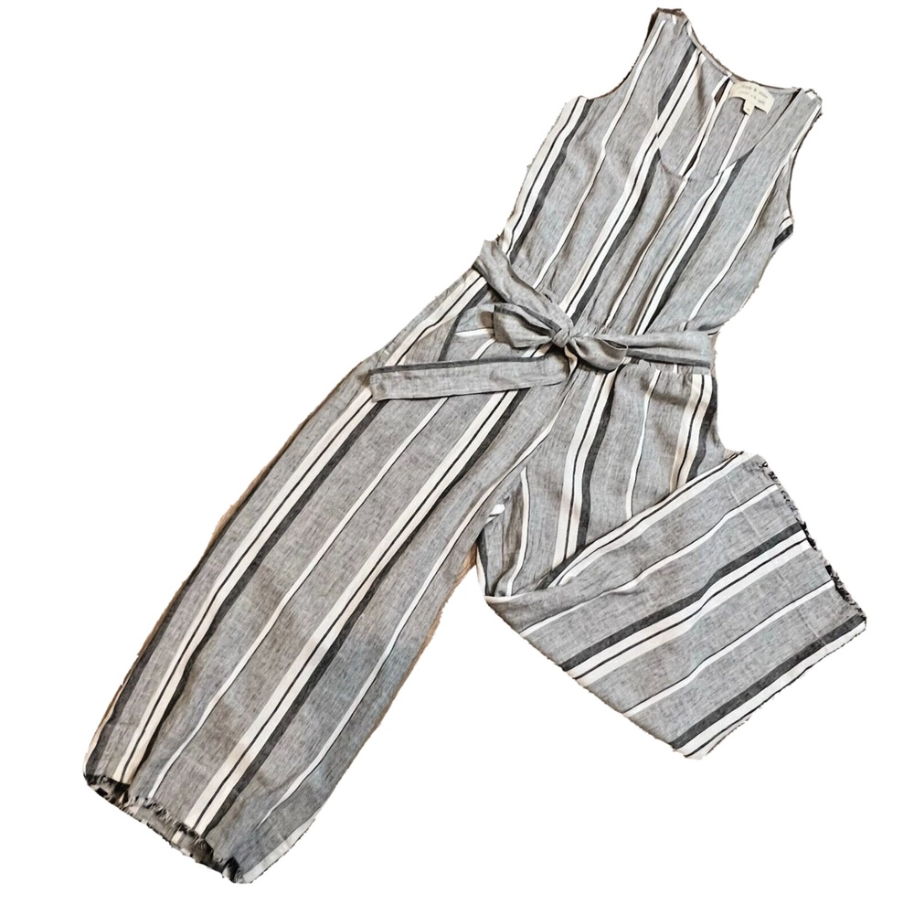 Anthropologie Cloth & Stone Gray White Stripe Jumpsuit XS-Small Raw Hem‎